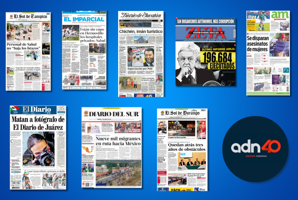 Covers of several Mexican newspapers on a blue background.