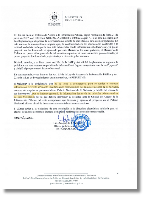 Acta de respuesta a una solicitud de acceso a la información pública en El Salvador.