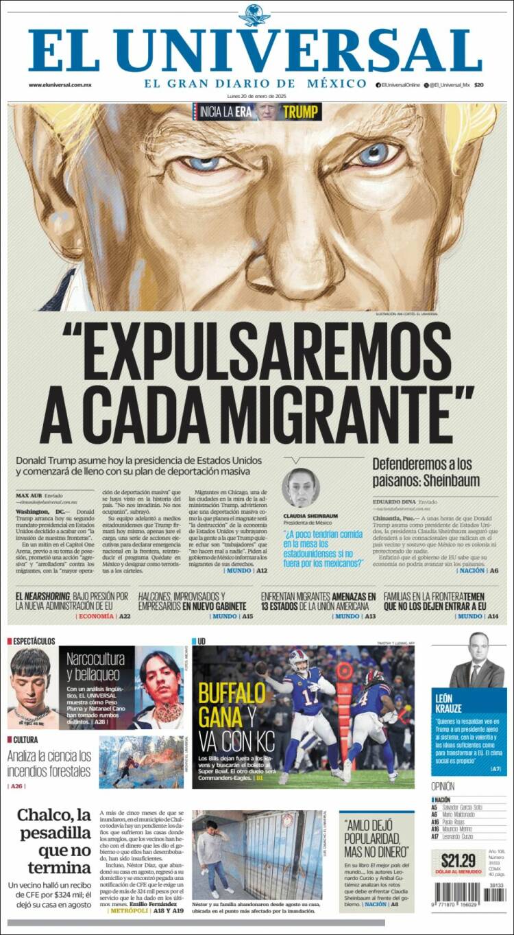 Cover of El Universal newspaper, from Mexico. 