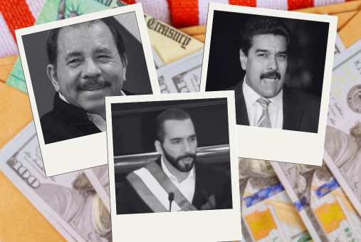 A collage featuring three polaroid-style photographs of political leaders Daniel Ortega, Nayib Bukele and Nicolás Maduro, placed over an image of U.S. dollar bills and a manila envelope. (Photo: Wikimedia Commons and Canva)