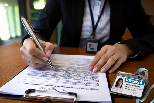 A close-up of a woman’s hand signing a work contract with a silver pen, while a press badge is placed on the table. (Photo: Generated with AI with Adobe FireFly and Canva)