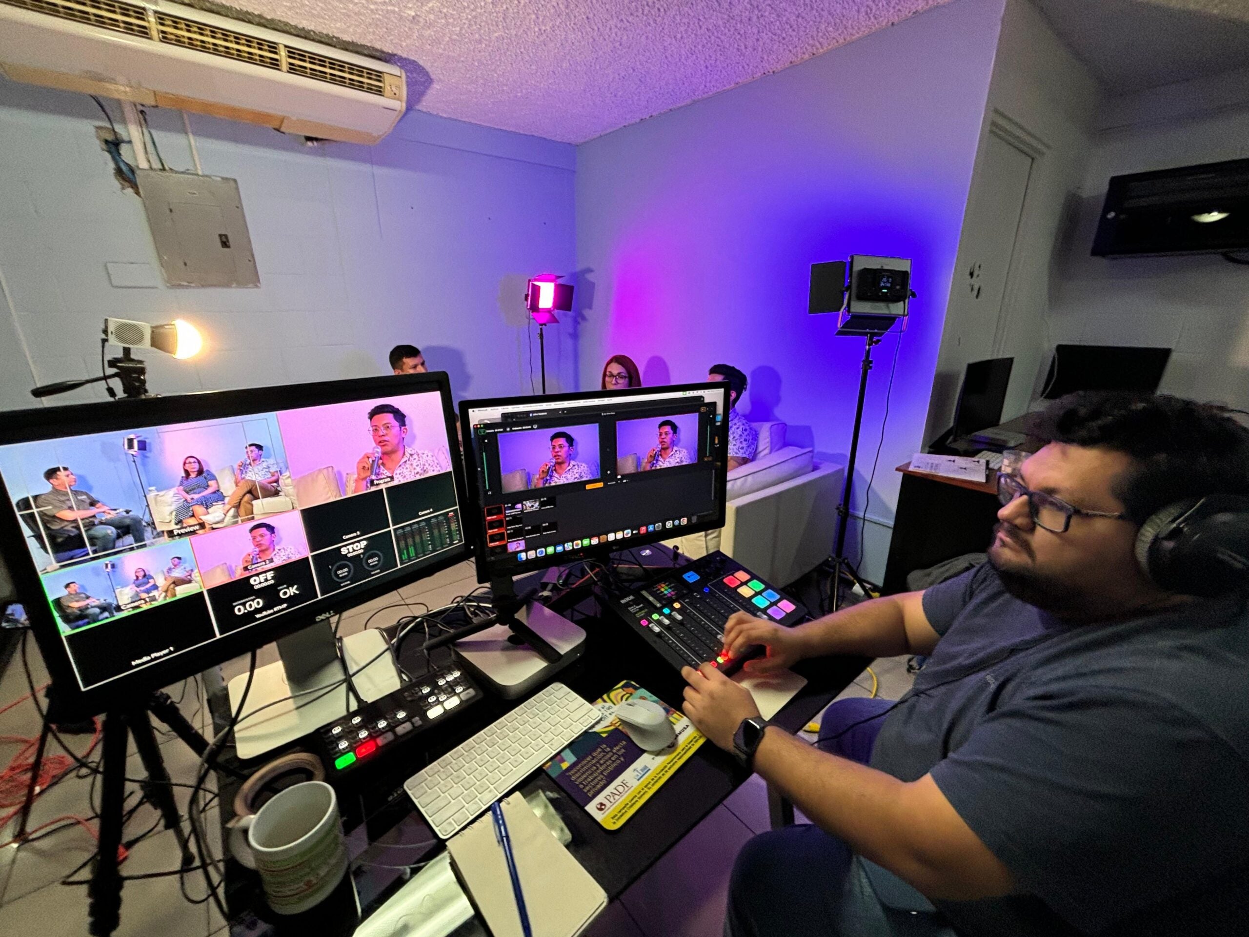 The team of El Salvador independent media outlet Gato Encerrado work during the recording of a video production.