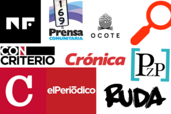 Logos of the 10 media outlets that are part of the Central American Independent Media Archive (CAIMA), including elPeriódico, Agencia Ocote, No-Ficción, Ojo con mi Pisto, Plaza Pública, Prensa Comunitaria, Ruda GT, Con Criterio, Crónica, and Confidencial.