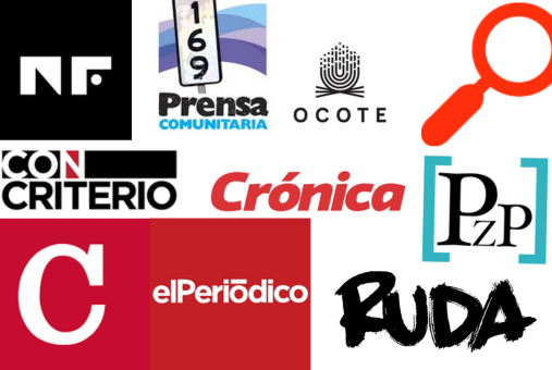 Logos of the 10 media outlets that are part of the Central American Independent Media Archive (CAIMA), including elPeriódico, Agencia Ocote, No-Ficción, Ojo con mi Pisto, Plaza Pública, Prensa Comunitaria, Ruda GT, Con Criterio, Crónica, and Confidencial.