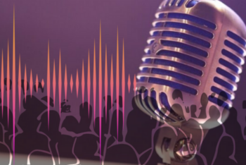 A vintage microphone in the foreground with a purple-lit background. Silhouettes of people and colorful sound waves overlay the image, symbolizing audio storytelling and audience engagement.