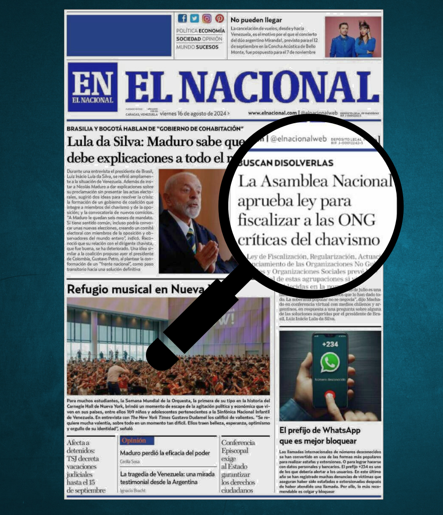 Cover of Veneuela's El Nacional newspaper with a magnifier glass highlighting the story of the approval of an Anti-NGO law.