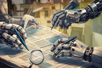 Robotic hands using pens to analyze and edit a newspaper, symbolizing artificial intelligence’s role in journalism, fact-checking, and content creation. A magnifying glass highlights investigative scrutiny. (Photo: Crea