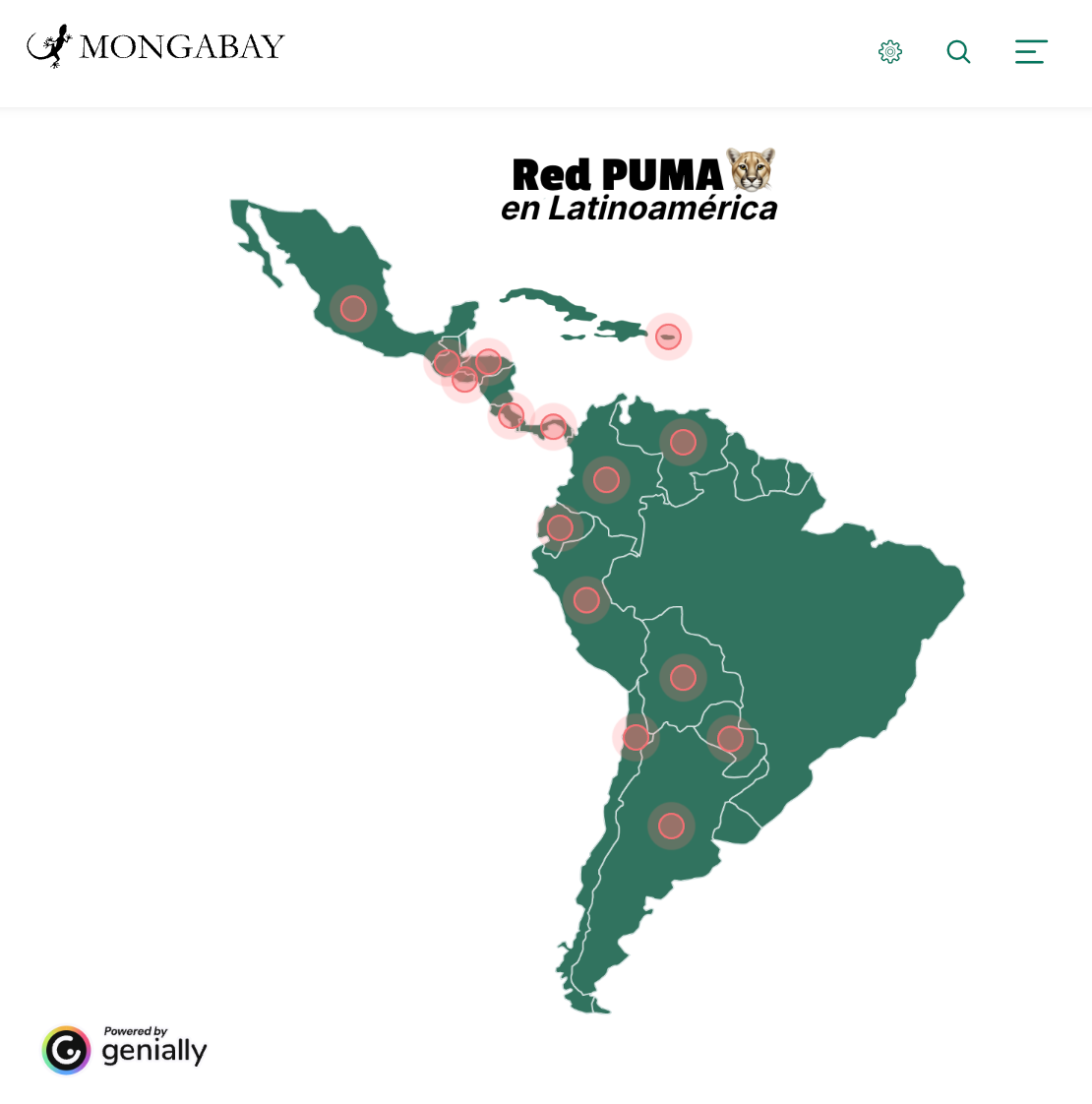 Mapa de América Latina que señala los países de los periodistas que integran la Red PUMA de Mongabay. (Foto: Captura de pantalla de Mongabay Latam)