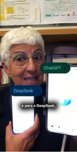 Journalist Rosana Hermann holds two smartphones side by side, displaying the ChatGPT and DeepSeek apps, as she talks about artificial intelligence in a video shared on Instagram.