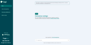 Screenshot of the Capí chatbot interface. The screen displays a welcome message encouraging users to chat with the AI about climate change, based on scientific reports. 