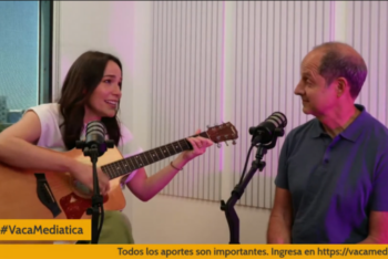 screenshot of a telethon. A singer and a radio host.