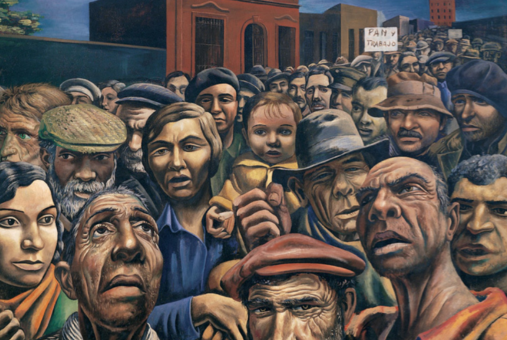 Crowd of men, women and a child with expressive, somber faces in a painting by Antonio Berni, titled Manifestación. A version of this artwork is featured on the cover of Fernando Ruiz’s book El periodismo y la fábrica de derechos en América Latina, which explores journalism's role in shaping democratic rights across the region.