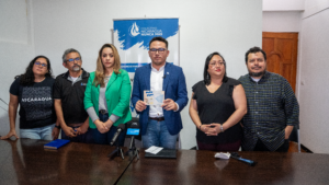 From left to right, Nayel Martínez, journalist with La Prensa de Nicaragua; Gonzalo Carrión, coordinator of Colectivo Nicaragua Nunca Más; Tania López, independent journalist; Gerall Chávez, journalist with Nicaragua Actual; Wendy Quintero, independent journalist; and Oscar Navarrete, photojournalist with La Prensa.