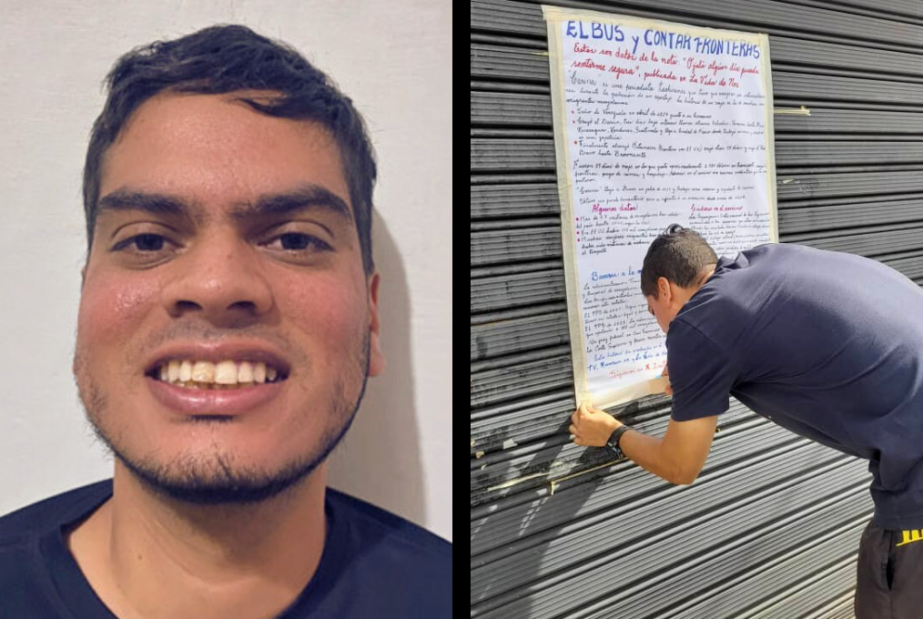 On the left, portrait of Venezuelan journalist Reinaldo Mora. On the right, Mora tapes an informational poster to a business' metal shutter.
