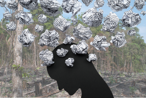 Silhouette of person's head looking down with crumbled paper above it, on top of destroyed forest