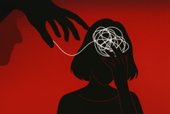 An illustration of a woman holding her head, with a tangled white line inside her head being pulled by a dark silhouette of a hand, symbolizing psychological manipulation