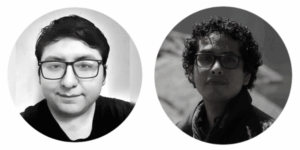 two pictures of journalists in b&w