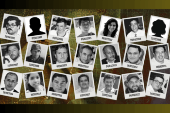 Illustration displaying the photos of 21 journalists who were killed in Paraguay, from the Alianza Paraguay investigation, by Forbidden Stories and OCCRP.