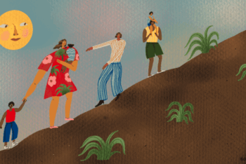 Ilustración de una mujer con un niño en brazos y otro de la mano subiendo una montaña mientras una persona ofrece ayuda
