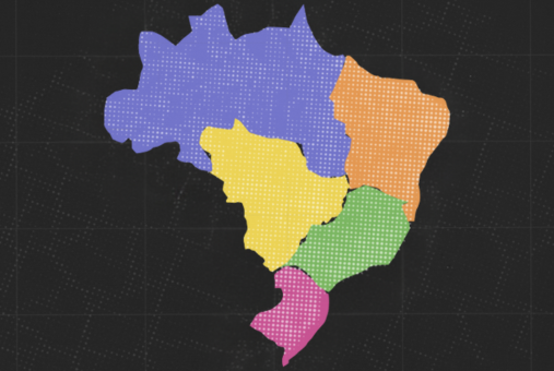 Mapa estilizado do Brasil com divisão por regiões destacadas por cores sólidas: Norte em roxo, Nordeste em laranja, Centro-Oeste em amarelo, Sudeste em verde e Sul em rosa. O fundo é preto com padrões geométricos sutis, e o mapa utiliza uma textura pontilhada em cada região, sem nomes de estados ou legendas.