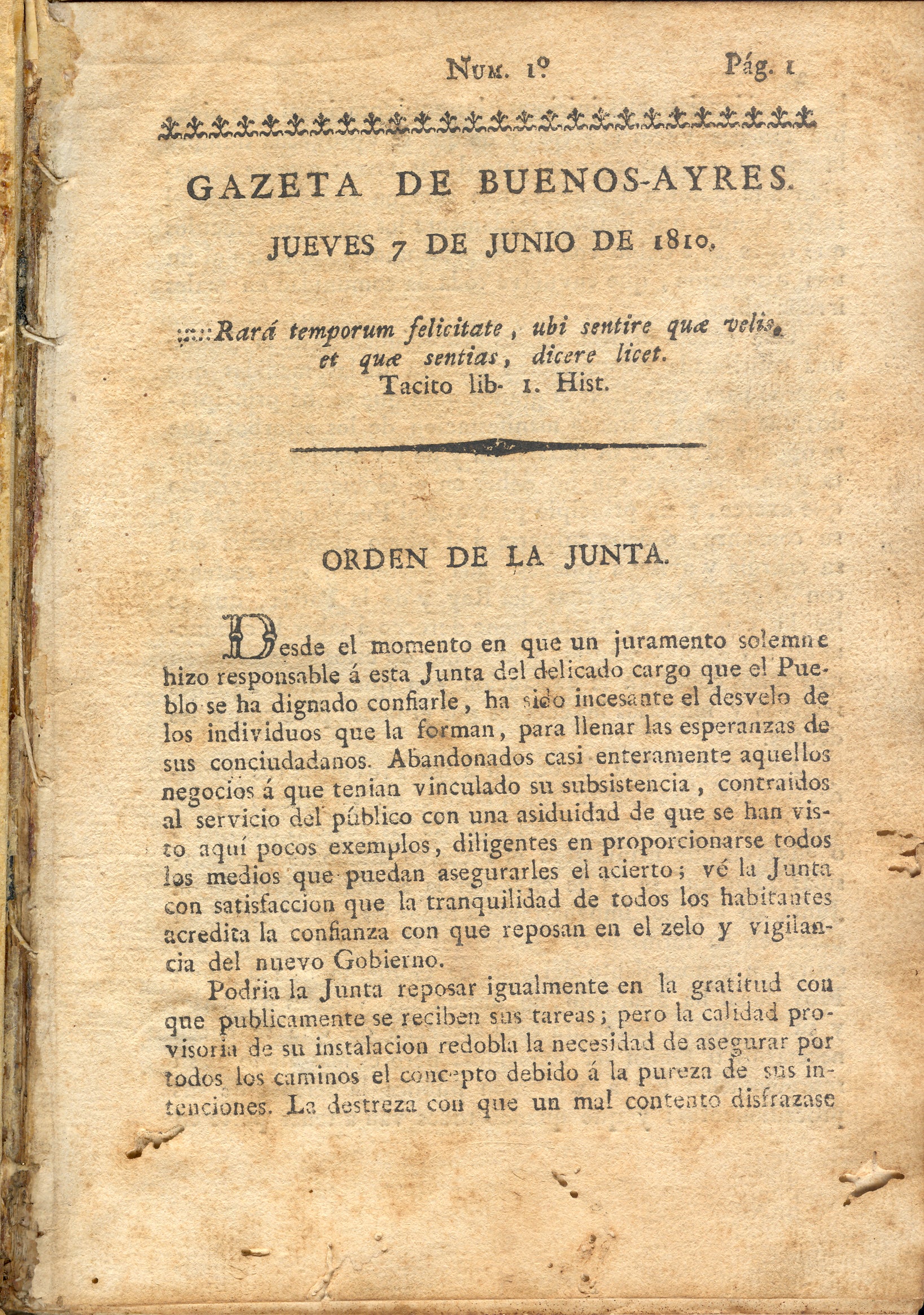 Cover of the first issue of Argentine ancient publication Gazeta de Buenos-Ayres.