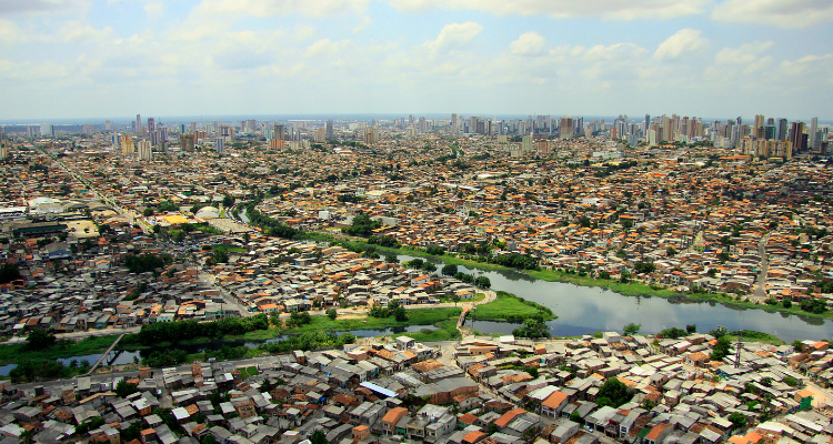 A city with a river cutting through it