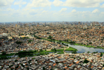 A city with a river cutting through it