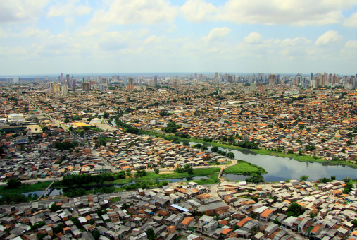 A city with a river cutting through it