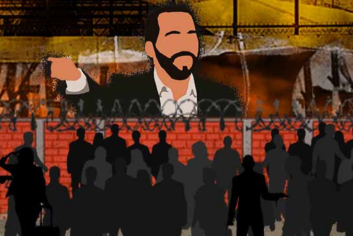Illustration of Salvadoran president Nayib Bukele and a crowd of people