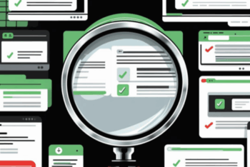 Illustration showing a magnifying glass focusing on a web page with check marks, surrounded by multiple browser windows, symbolizing analysis and validation of information across digital platforms.