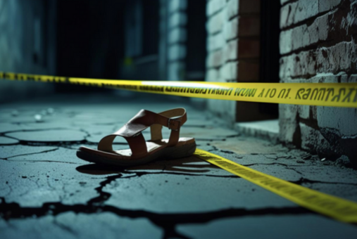 : A single brown women’s sandal lies on cracked pavement, surrounded by yellow police tape in a dimly lit alleyway. No people are visible.