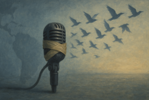 Metaphorical illustration of a vintage microphone gagged with tape, from which birds take flight toward the horizon. In the background, a faded map of Latin America symbolizes the exile and migration of journalists.
