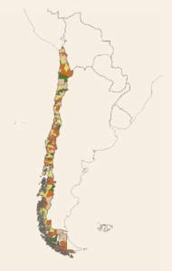 Mapa de Chile con cada comuna con un color que representa si es un desierto informativo