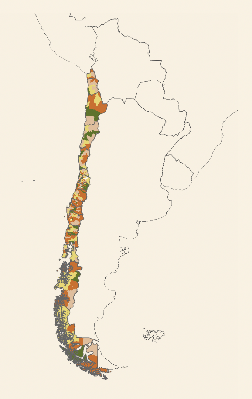 Mapa de Chile con cada comuna con un color que representa si es un desierto informativo