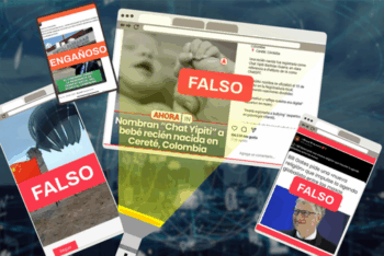 Screenshots of fact-checks floating against an internet-themed background, with a flashlight shining on one of them. (Photo: Screenshots of Chequeado website and Canva)