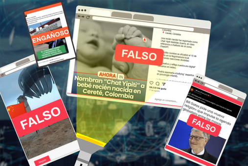 Screenshots of fact-checks floating against an internet-themed background, with a flashlight shining on one of them. (Photo: Screenshots of Chequeado website and Canva)