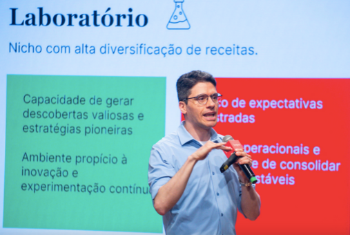 Guilherme Fowler, coordinator of the News Tech study, speaks on stage holding a microphone. Behind him, a presentation slide reads “Laboratory — Niche with high revenue diversification,” with text about innovation and experimentation.