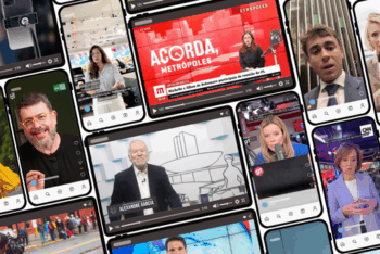 A collage of smartphone screens displaying videos from Brazilian news creators and journalists on social media. The images include presenters, commentators, reporters, and influencers speaking directly to the camera in various settings, as well as news studio backgrounds and on-screen graphics.