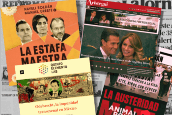 Collage of Mexican investigative journalism projects covers over a background of newspaper pages.