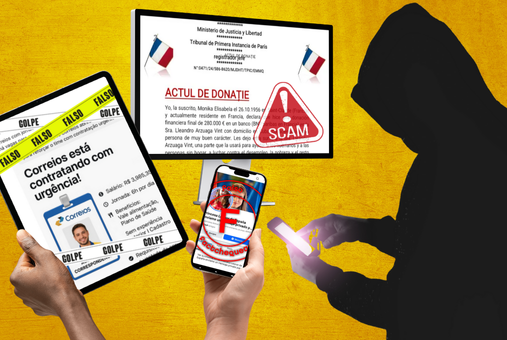 Collage showing examples of digital scams on mobile devices, contrasted with the silhouette of a person wearing a hoodie, using a phone.