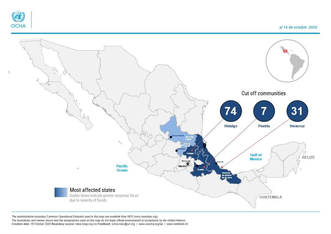 Map of Mexico indicating the states most severely affected by the rains and floods of October 2025.