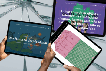Hands holding tablets displaying data-driven journalism projects, shown over a cracked-glass background. . (Photo: Canva and screenshots)