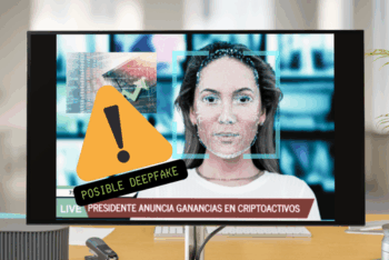 TV screen showing a newscast with a warning graphic saying "possible deepfake". (Photo: Canva)