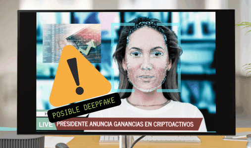 TV screen showing a newscast with a warning graphic saying "possible deepfake". (Photo: Canva)