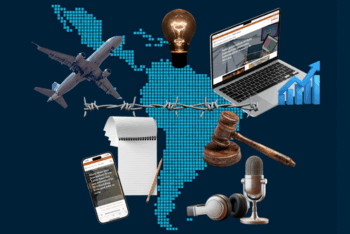Collage of plane, notebook, light bulb, podcast equipment, laptop, chart, gavel barbed wire over a digitized map of Latin America