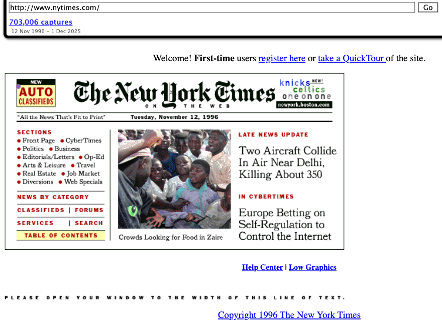 1996 home page of The New York Times website