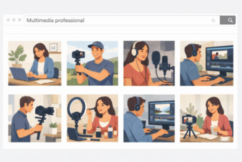 Illustrations of content creators doing multiple jobs related to media