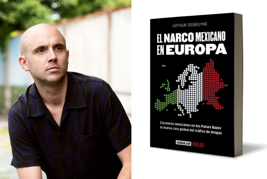 Split photo showing Belgian journalist and author Arthur Debruyne on the left and his book "El Narco Mexicano en Europa" on the right.