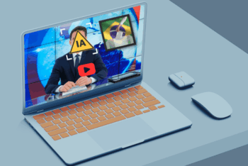 Laptop with a warning of AI detection during a newscast about Brazilian elections