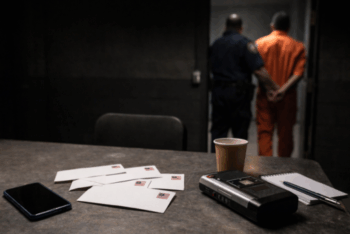 Prison interrogation table with stamped envelopes and recorder as guard escorts inmate away. (Photo: Generated with